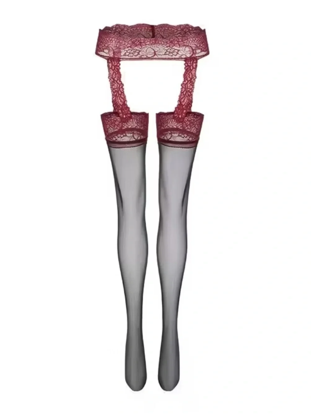 Lace Trim One-Piece Strappy Stockings - Burgundy